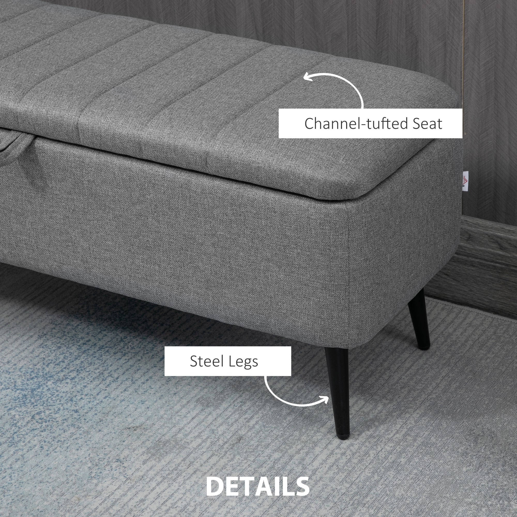 HOMCOM Storage Ottoman with Flip Top, Rectangular Upholstered Bench, Linen Look Fabric Footstool with Steel Legs for Living Room, Bedroom, Grey